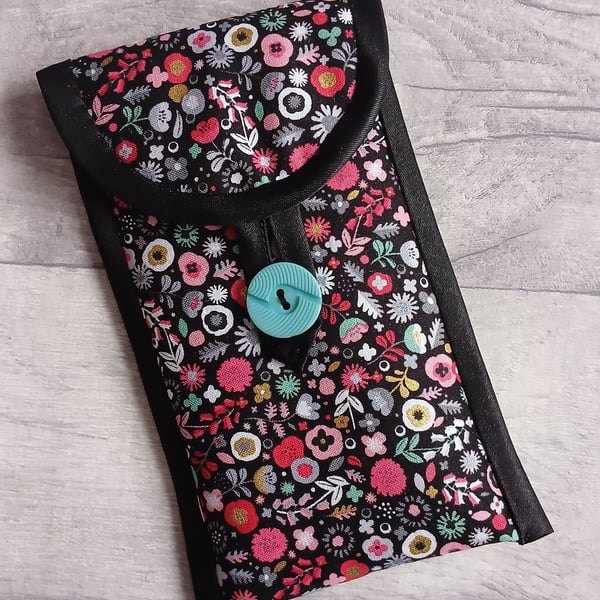 Pink, Grey, Duckegg Floral Print on Black Glasses Case, Phone Case Storage Pouch