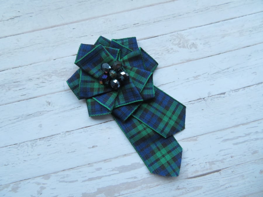 Black Watch Tartan Ruffle Rosette and Crystals Brooch Pin 
