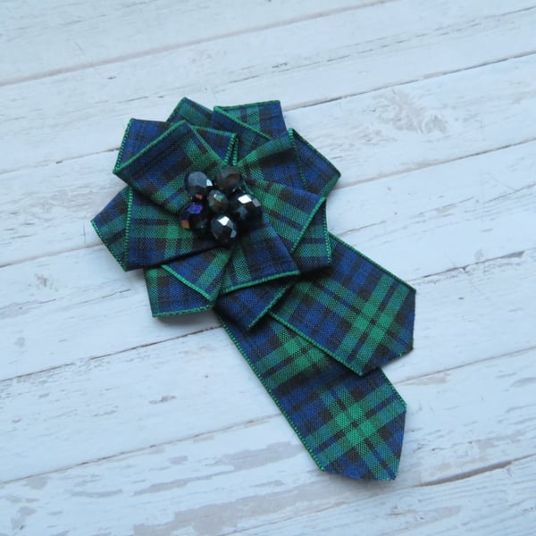 Black Watch Tartan Ruffle Rosette and Crystals Brooch Pin 