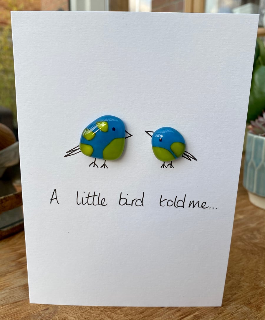 Fused glass two little birds greetings card