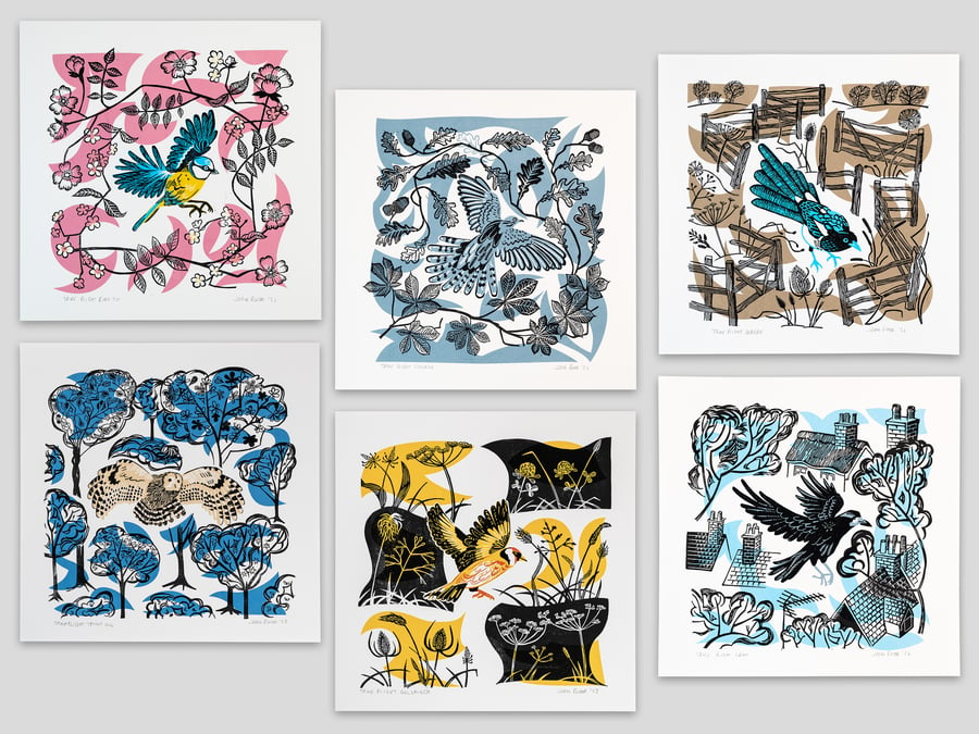 Set of all six Take Flight hand printed linocut and screen prints