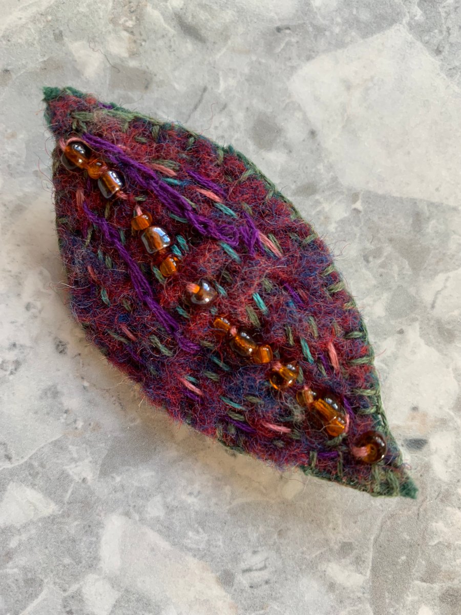  Hand felted embroidered leaf brooch