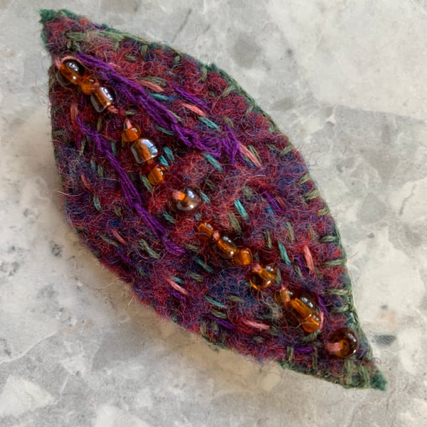  Hand felted embroidered leaf brooch