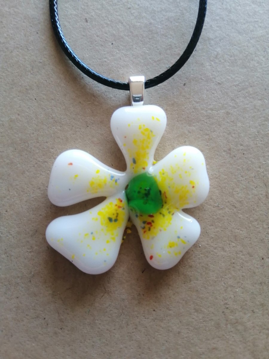 Fused Glass Blossom Necklace- green and yellow