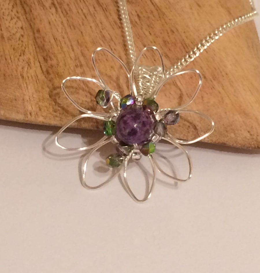 Silver Plated Flower Pendant with Purple Jasper
