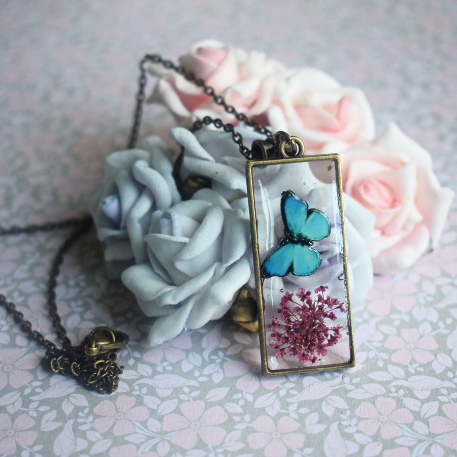 Butterfly and Dried Flower Necklace