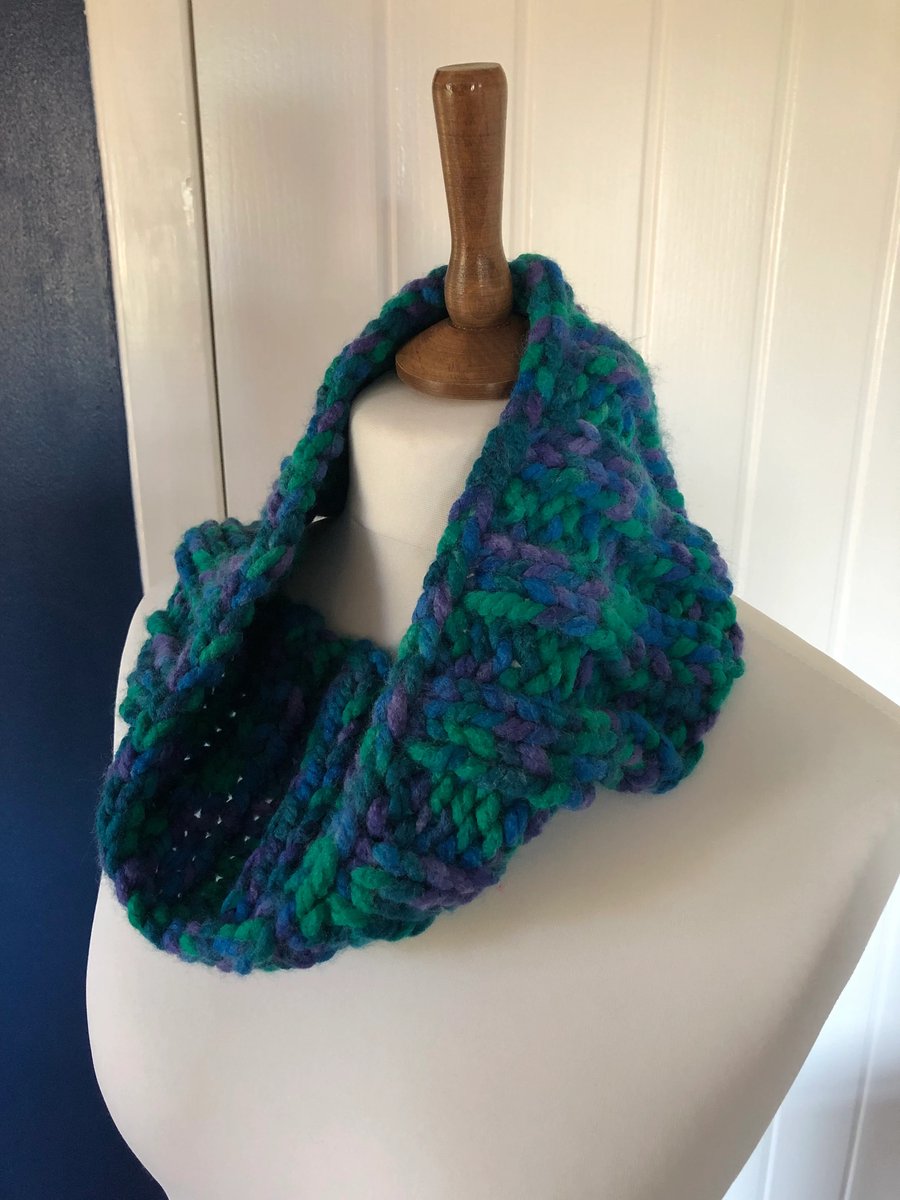 Cowl super chunky acrylic handknit Purples and Greens 15cms wide x 66cms around 