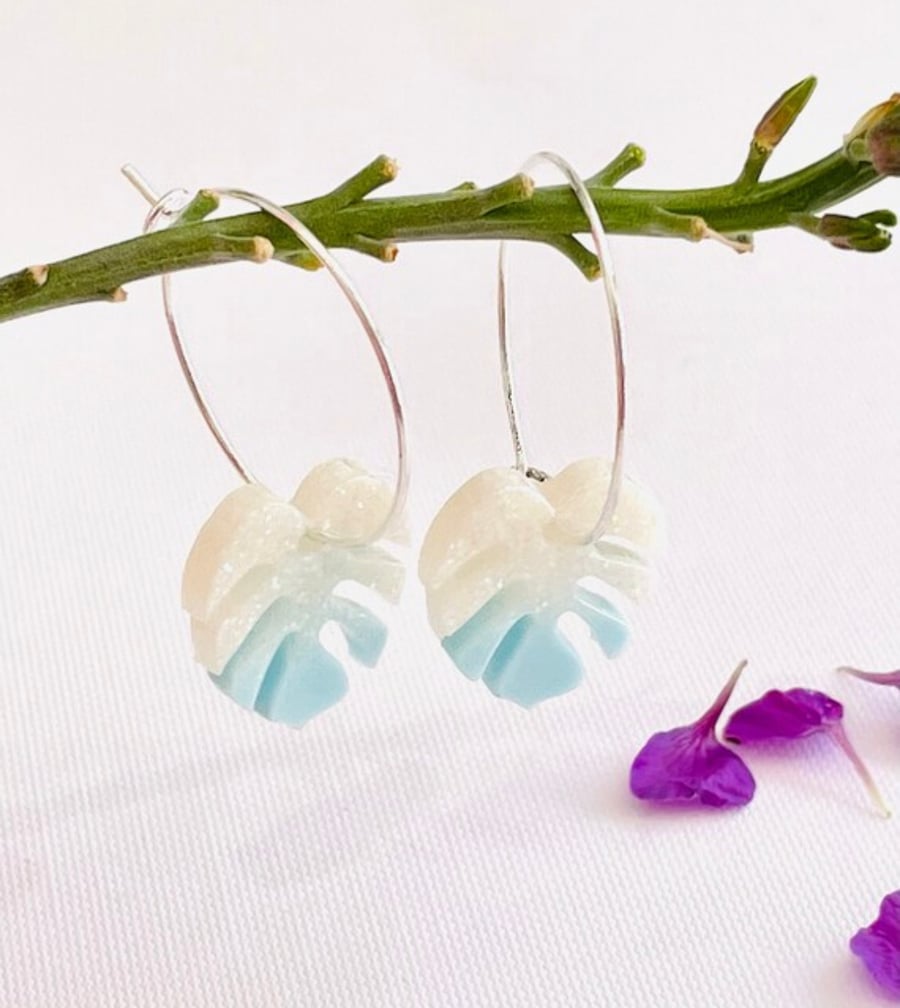 Monstera leaf earrings, statement resin hoop earrings, minimalist jewellery 
