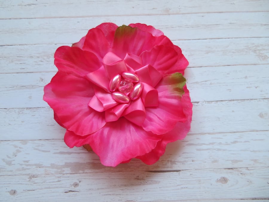 Bright Fuchsia Pink Poppy Flower Satin Brooch Corsage Buttonhole Wedding Gift