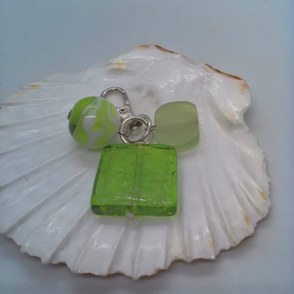 Green and White Round Bead Square Bead & a Frosted Bead Bag Charm, Gift for Her