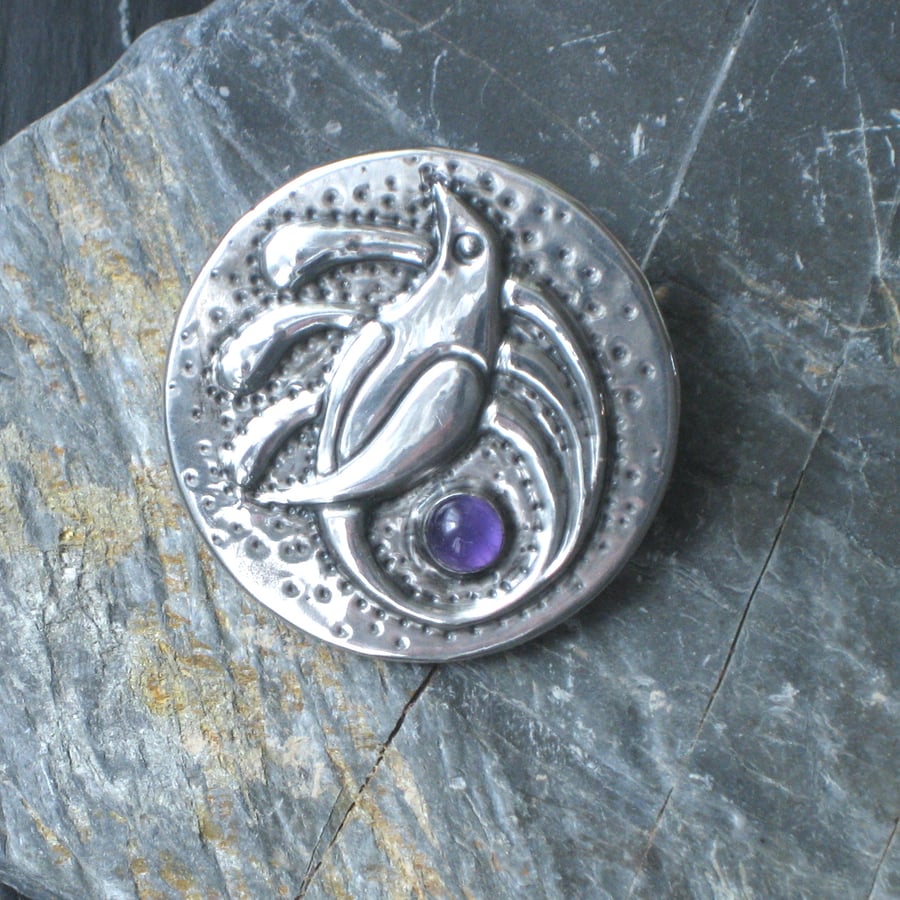Silver Pewter Bird-of-Paradise Brooch with Amethyst