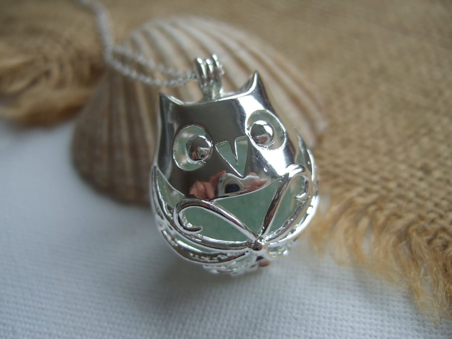 Sea glass marble owl necklace, owl pendant, codd sea glass marble animal locket
