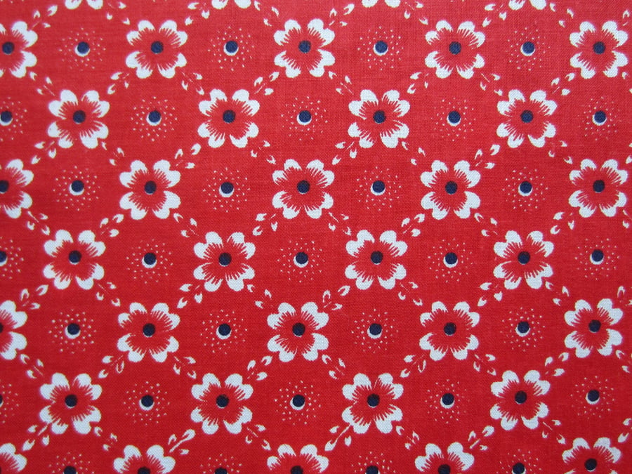 Unused Vintage Red Floral Fabric - 1 Yard
