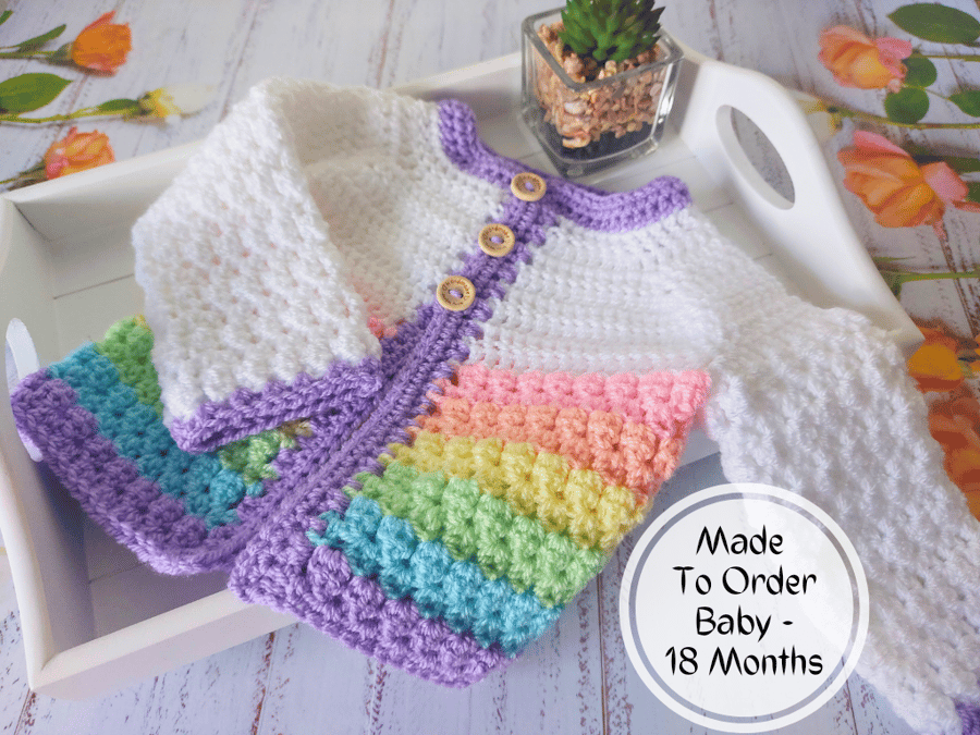Baby Rainbow Crochet Cardigan, Size Newborn to 2 Years, Made To Order