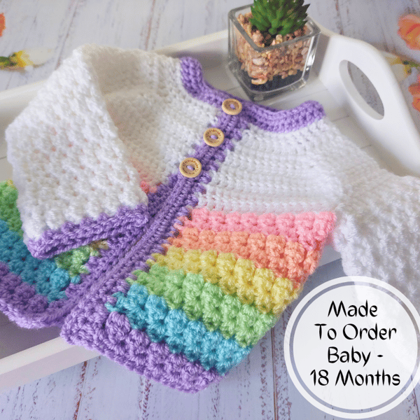 Baby Rainbow Crochet Cardigan, Size Newborn to 2 Years, Made To Order