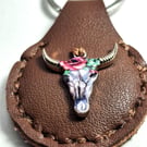 Brown Leather Hand Stiched Keyring.  A coloufull Bulls Head . FREE Postage