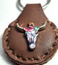 Brown Leather Hand Stiched Keyring.  A coloufull Bulls Head . FREE Postage