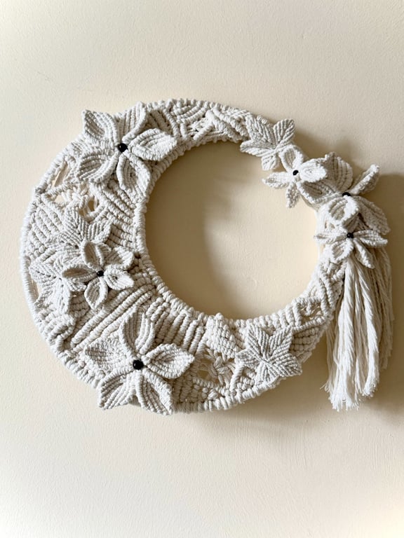 Moon art wall hanging, macrame Crescent Floral Moon, inc Free UK delivery