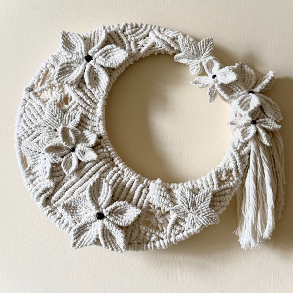 Moon art wall hanging, macrame Crescent Floral Moon, inc Free UK delivery
