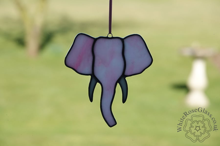 Stained Glass Pink & White Elephant Head Suncatcher
