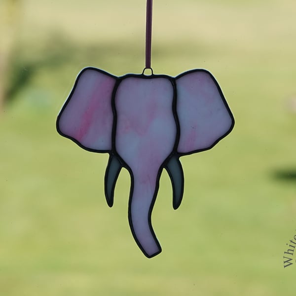 Stained Glass Pink & White Elephant Head Suncatcher