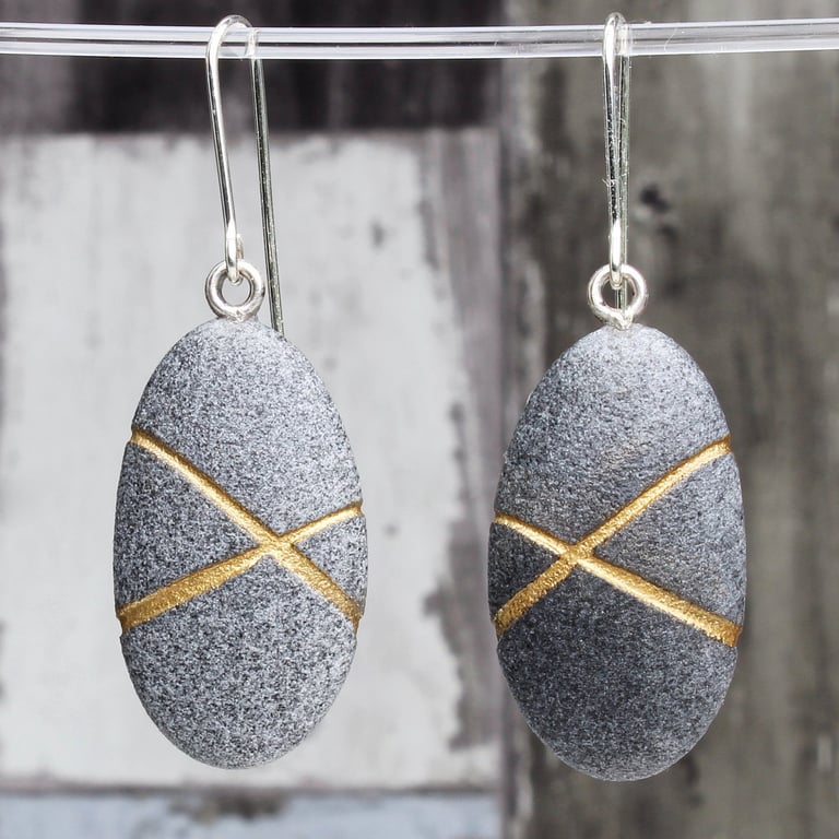 Pebble earrings, Stripe. Nature inspired jewellery designed by John Field.