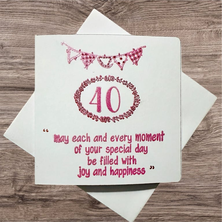40th birthday card shimmery rose pink with banner, text, flowers and 40