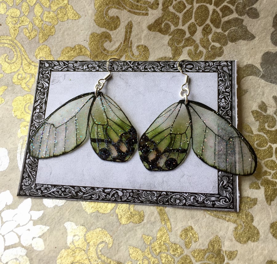 Black and Green Opaque Sparkle Butterfly Wings Sterling Silver Earrings