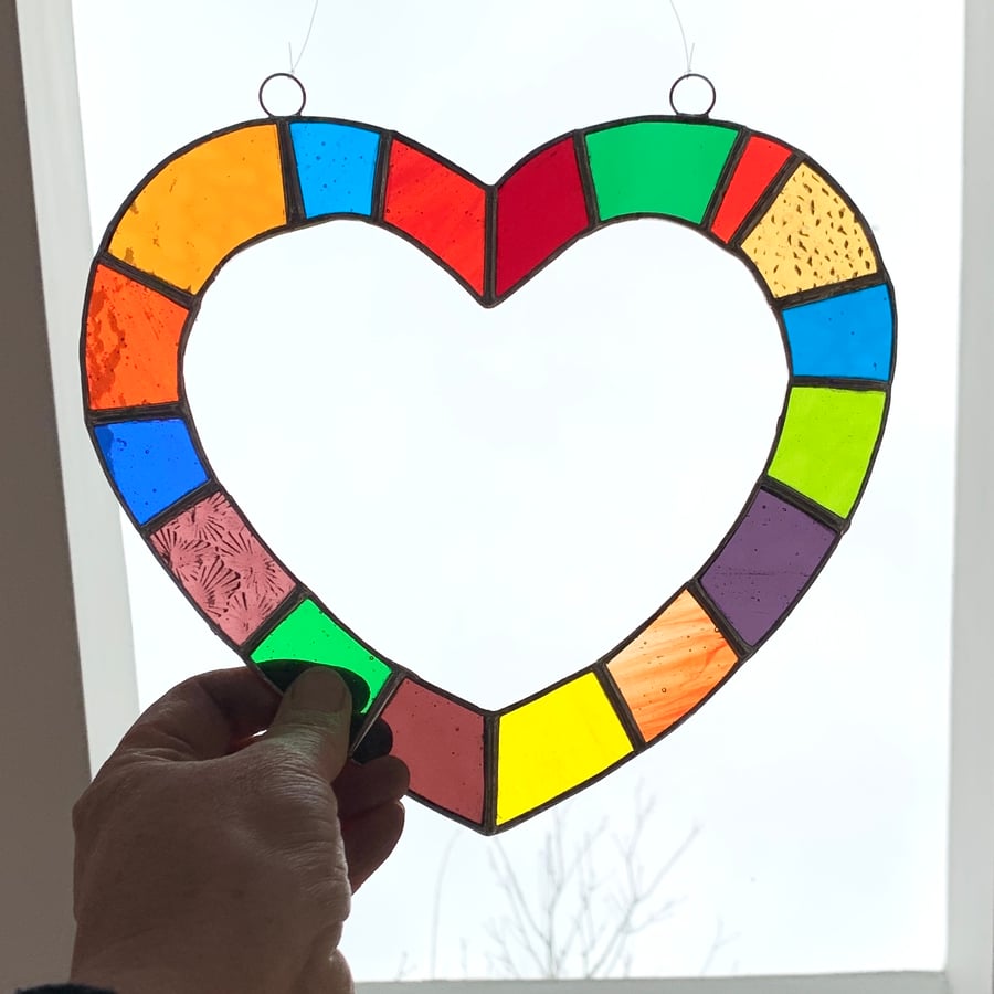 Stained Glass Open Heart Suncatcher - Handmade Hanging Decoration - Multi