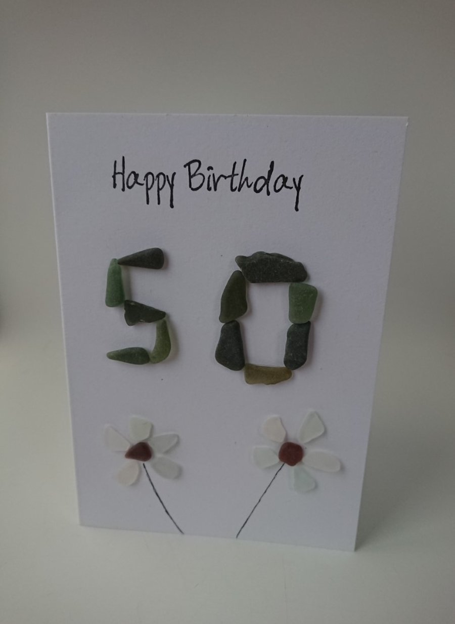 50th Happy Birthday Olive Green Sea Glass Flowers C385