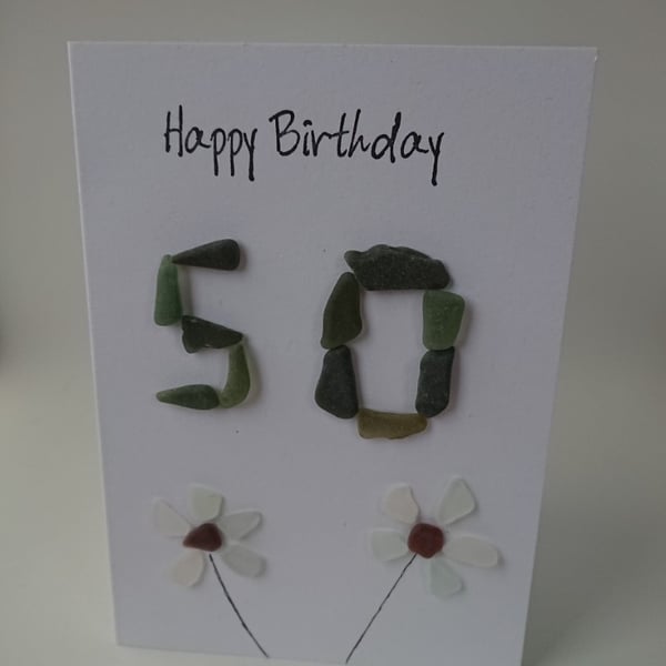 50th Happy Birthday Olive Green Sea Glass Flowers C385