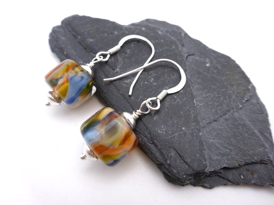 lampwork glass peach and blue earrings