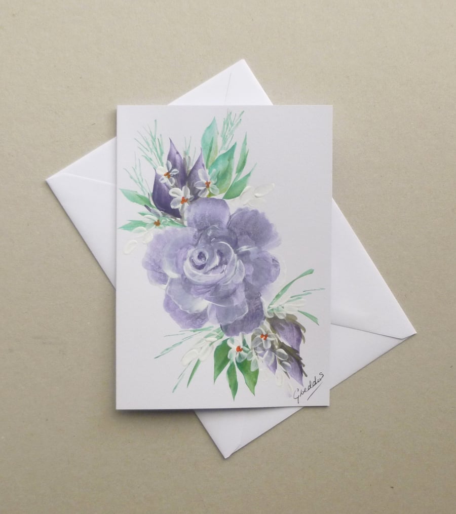 original art hand painted blank floral greetings card ( ref f 903 B5 )