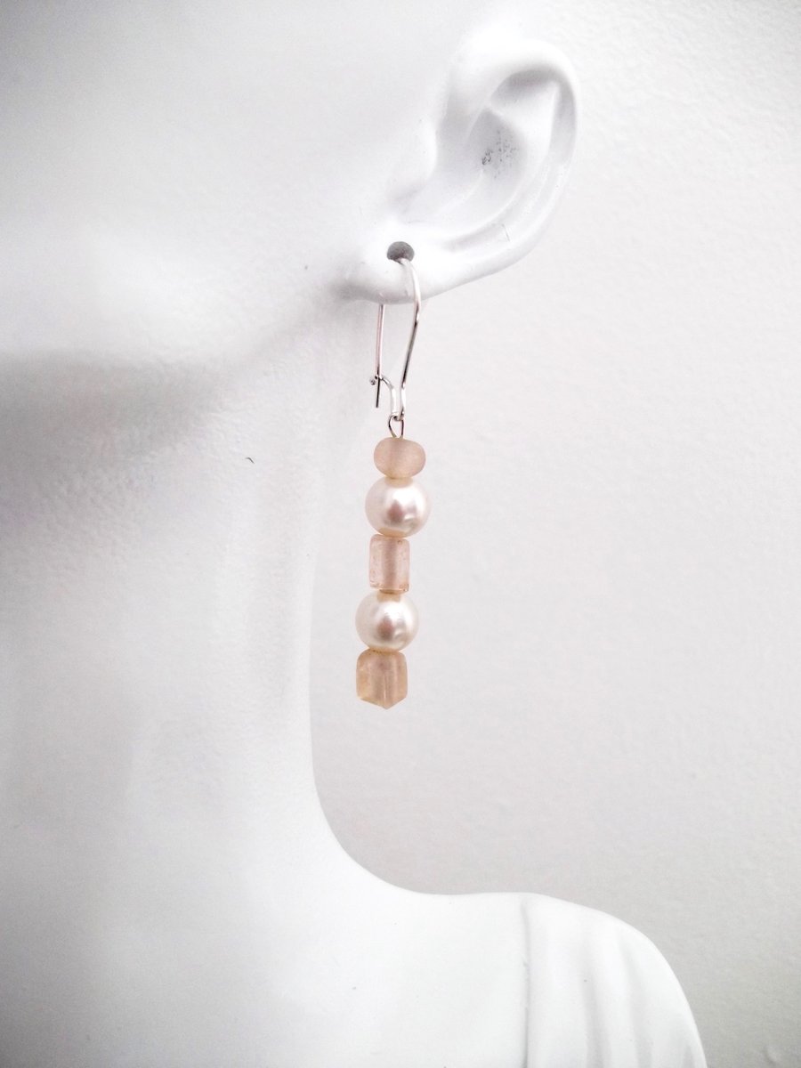 Faux Pearl and Silver Drop earrings with Vintage Light Pink Satin Glass Beads