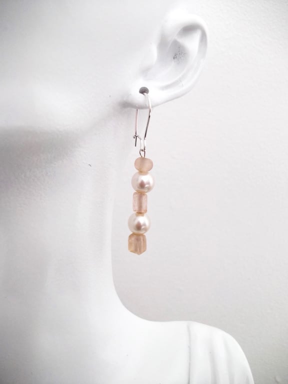 Faux Pearl and Silver Drop earrings with Vintage Light Pink Satin Glass Beads