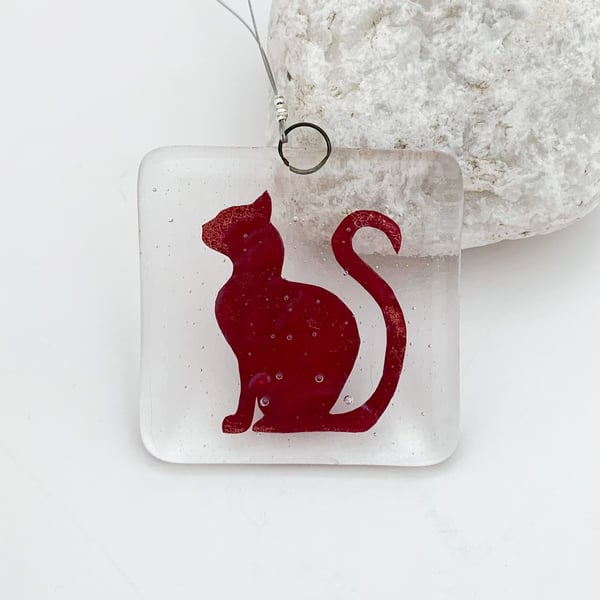Fused Glass Copper Sleek Cat Hanging - Handmade Glass Suncatcher