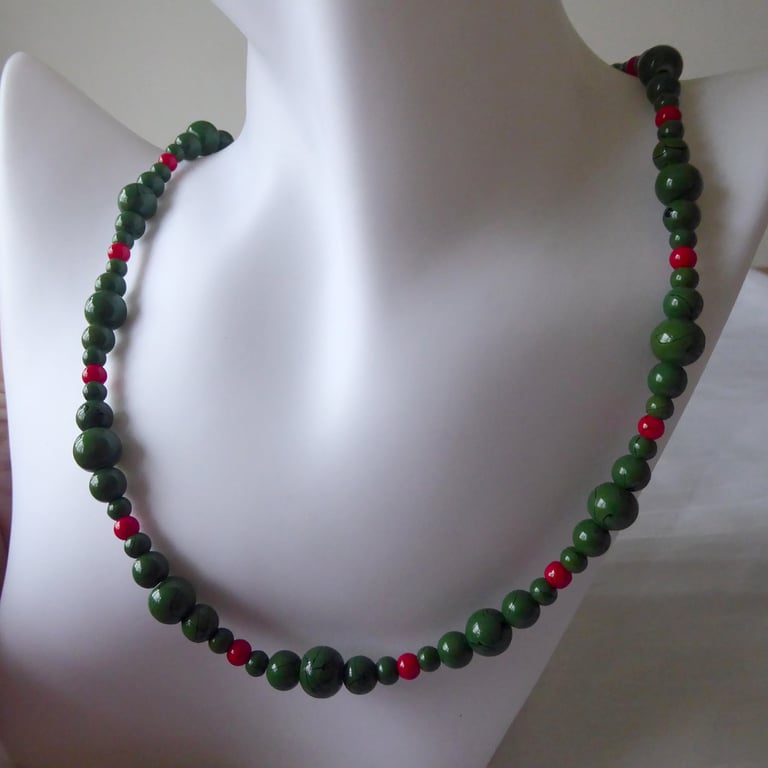 Beaded Green and Red Necklace 17 inches long, Inspired by Holly