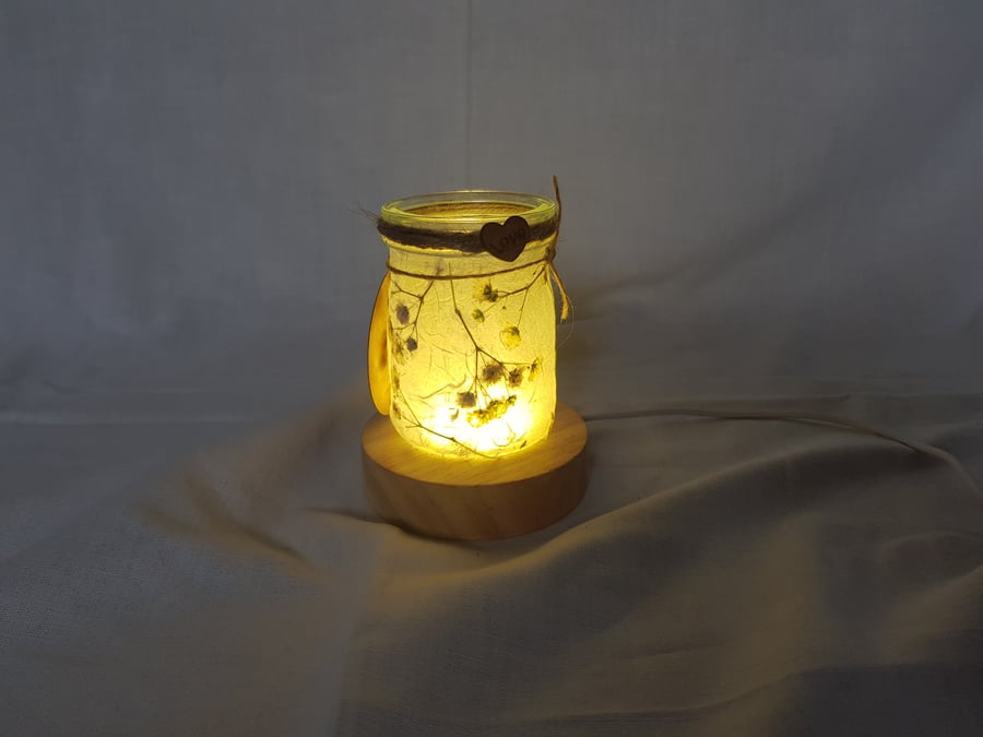 Up-cycled jar pressed flower mini lamp
