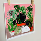 Art print illustration wall art cats in the houseplants 