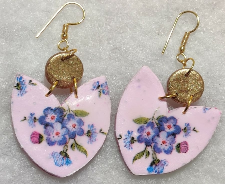 Pink  floral forget me not gold polymer clay earrings
