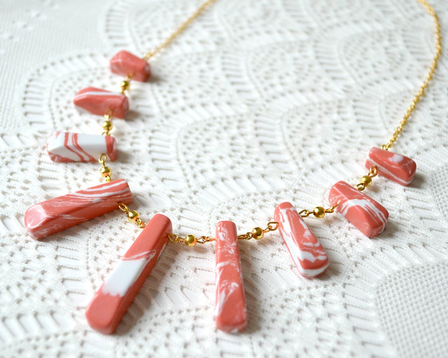 Sale 50% off! Coral & White Howlite Fan Necklace