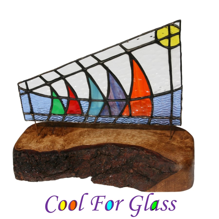'Race Day' Stained glass sailing boats set in solid oak base