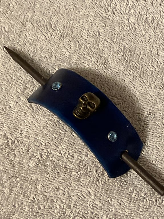 Dark Blue Leather Hair Stick Barrette - Skull Center & 2 Blue Gemstones