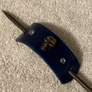 Dark Blue Leather Hair Stick Barrette - Skull Center & 2 Blue Gemstones