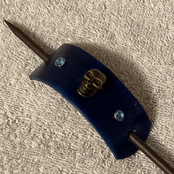 Dark Blue Leather Hair Stick Barrette - Skull Center & 2 Blue Gemstones