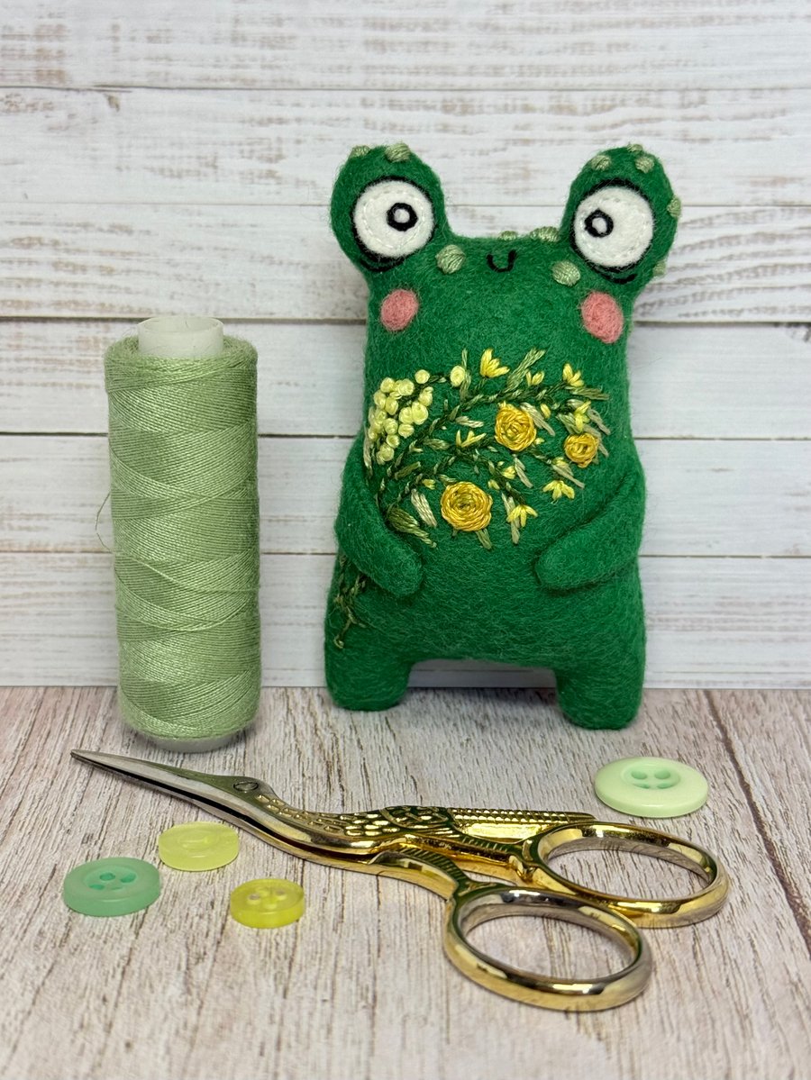 Felt Art Doll Floral Frog Yellow