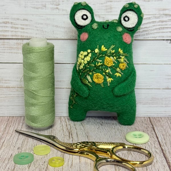 Felt Art Doll Floral Frog Yellow
