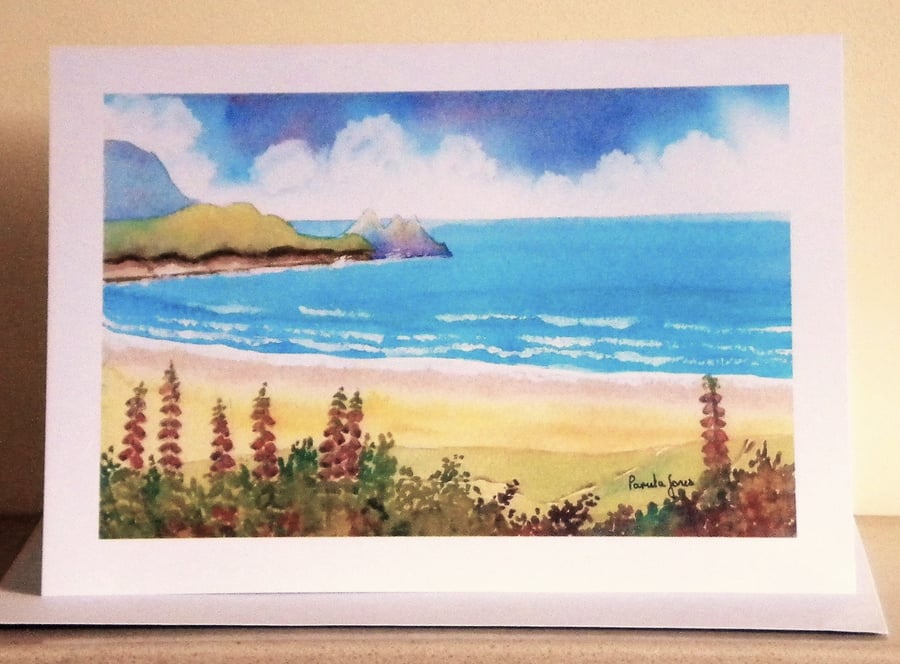 Three Cliffs Bay, Foxgloves, Gower, Art Greetings Card,  Size A5, Blank Inside