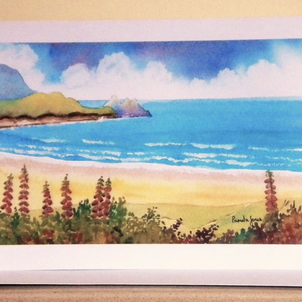 Three Cliffs Bay, Foxgloves, Gower, Art Greetings Card,  Size A5, Blank Inside
