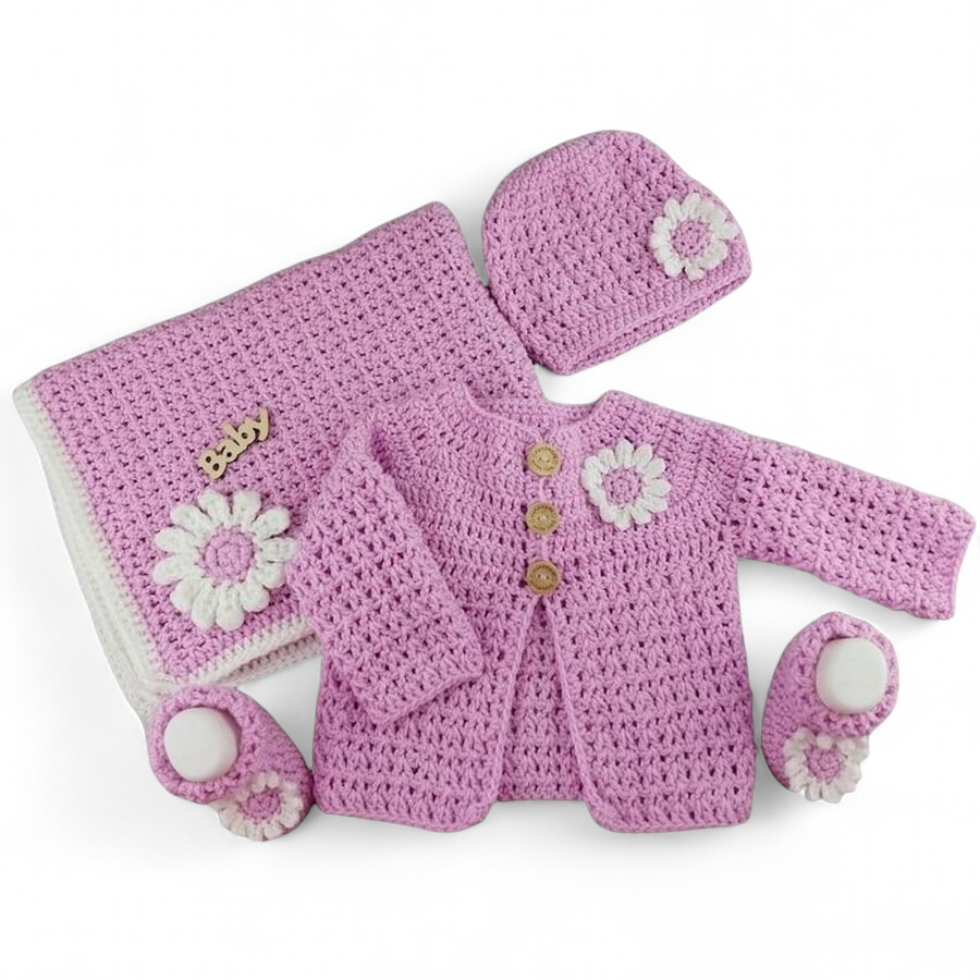 Lilac Daisy Crochet Baby Set: Blanket, Cardigan, Hat & Booties, Handmade Gift